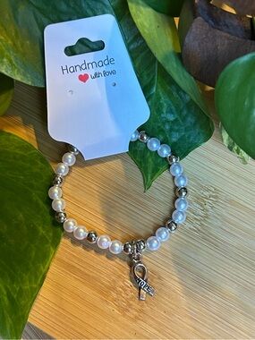 🎀 Breast Cancer Awareness Stretchy Beaded Bracelet | Handmade | Dangle Charm 🎀